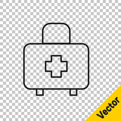 Black line First aid kit icon isolated on transparent background. Medical box with cross. Medical equipment for emergency. Healthcare concept. Vector.