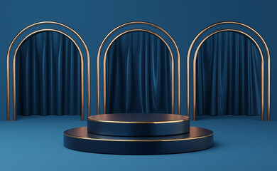 Empty blue cylinder podium on gold border arch blue curtain background. Abstract minimal studio 3d geometric shape object. Mockup space for display of product design. 3d rendering.