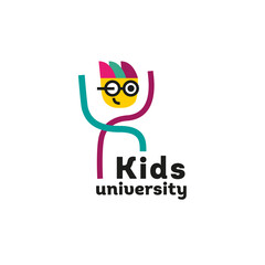 Kids education logo for a learning center. University, school for children. The child in the glasses. Graph of function. Back to school. Science theme. Geek. Logo, sign template. Vector.