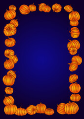 Vertical frame, border composed of many orange pumpkins over dark background for page design. Vector illustration.