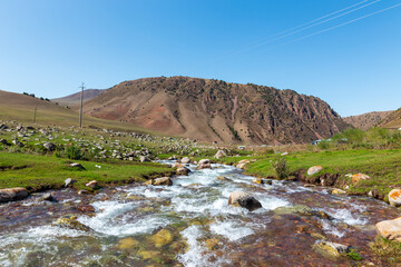 Mountain landscape with a river. Hot summer day, green valley surrounded by mountains. Kyrgyzstan.
