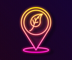 Glowing neon line Location with leaf icon isolated on black background. Eco energy concept. Alternative energy concept. Vector.