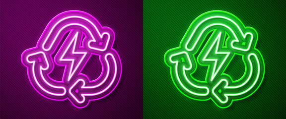 Glowing neon line Battery with recycle symbol line icon isolated on purple and green background. Battery with recycling symbol - renewable energy concept. Vector.