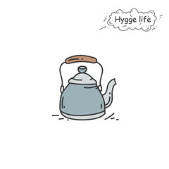 Tea kettle color icon. Coziness, hominess atmosphere in simple things. Hygge life. Cozy home concept. Scandinavian styled kitchen utensil, and interior decor element . Isolated vector illustration