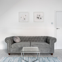 Gray sofa in white room