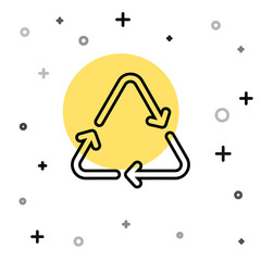 Black line Recycle symbol icon isolated on white background. Circular arrow icon. Environment recyclable go green. Random dynamic shapes. Vector.