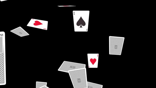 slow motion falling deck of cards 4K 3D Alpha Green Screen loop Animation. Casino or gabling playing cards floating down. magic trick. Chips, Poker, Blackjack, Ace, Betting, Playing Cards, Gaming