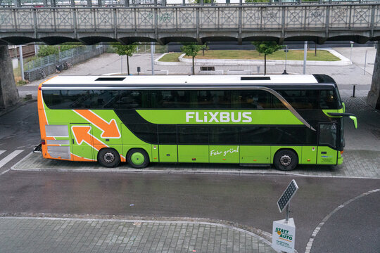 Munich, Germany - July 13, 2020: Green bus by the German company FlixBus, brand owned by FlixMobility GmbH offering intercity bus service in Europe and the United States