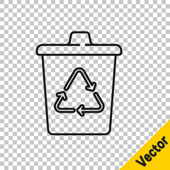 Black line Recycle bin with recycle symbol icon isolated on transparent background. Trash can icon. Garbage bin sign. Recycle basket sign. Vector.