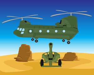 Military helicopter and gun in hot desert