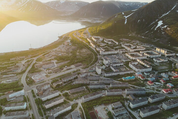 Aerial Townscape of Kirovsk Town located in Northwestern Russia on the Kola Peninsula