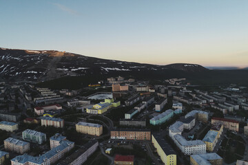 Aerial Townscape of Kirovsk Town located in Northwestern Russia on the Kola Peninsula