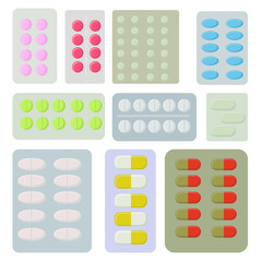 Pharmaceutical preparations in solid form, blisters with medical pills and capsules, vitamins and supplements vector illustration for design 