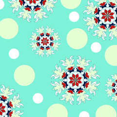  Festive patterned background in crema blue, red and white tones