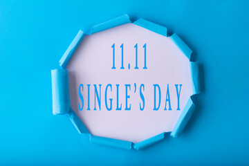 11.11 Single day sale. Blue circle torn paper with 11.11 Single days sale on white color background
