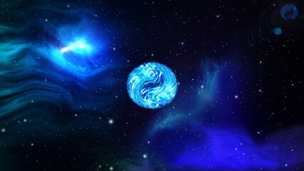 Bright 3d galaxy background with flying shiny moon in the dark outer space
