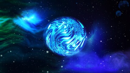  Bright galaxy background with flying shiny planet in the dark outer space