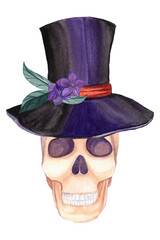 Skull in retro hat. Watercolor halloween skeleton illustration. - 385008517