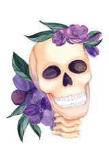 Skeleton girl portrait. Cute skull with flowers. Halloween watercolor illustration. - 385008569