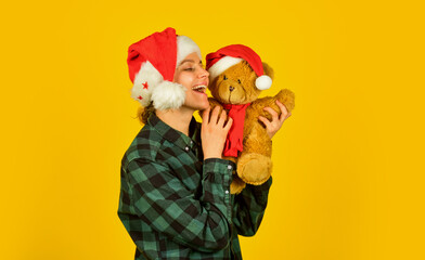 Girl with teddy bear. Charity and kindness. Lovely hug. Cute toy. Christmas spirit. Playful lady smiling face. Play with toy. Pretty woman celebrate christmas. Christmas memories from childhood