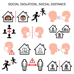 Social isolation, social distance, people on quarantine isolated at home during pandemic or epidemic vector color icons set - flattering a curve concept
