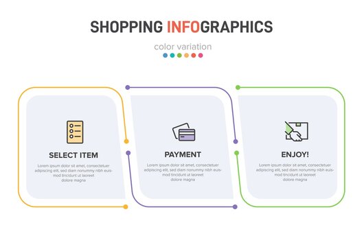 Concept of shopping process with 3 successive steps. Three colorful graphic elements. Timeline design for brochure, presentation, web site. Infographic design layout.