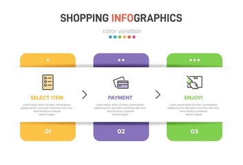 Concept of shopping process with 3 successive steps. Three colorful graphic elements. Timeline design for brochure, presentation, web site. Infographic design layout.