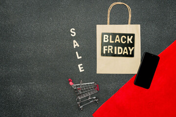 Sign with black Friday sale, Shopping and sales concept. Advertising message in black background.