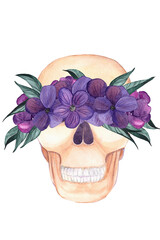 Glamour skeleton portrait with flowers on face. Halloween watercolor skull illustration. - 385009523