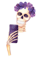 Glamour skeleton making selfie. Cute halloween watercolor illustration. Skull clipart - 385009554