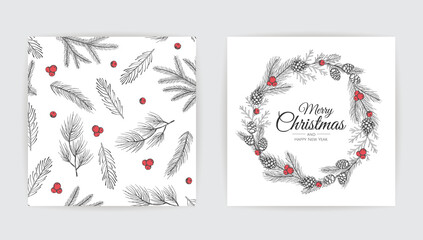 Merry Christmas greeting card with new years tree. Vector holiday illustration.