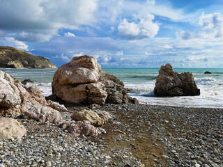 Fototapeta na wymiar The rocks on Petra tou Roumiou Beach, Cyprus.