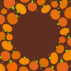 Harvest round frame of pumpkins. Autumn border in orange and brown tones. Hand drawn ripe vegetables. Vector illustration on the theme of fall and halloween