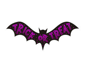 Trick or Treat violet logo on a black bat background. Halloween emblem isolated on white background. Vector illustration for banner, postcard, sticker