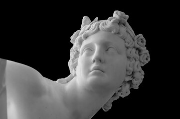 White marble sculpture head of young woman. Statue of sensual renaissance art era naked woman in...