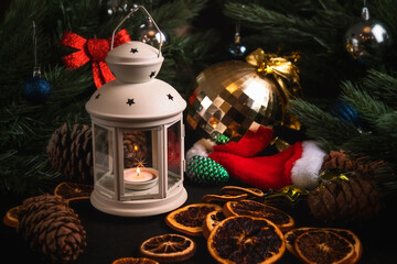 New year's still life. Christmas decorations on the table. Christmas toy.