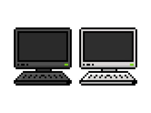 Pixel art Personal computers, monitor and keyboard black and white set 8-bit - editable isolated vector illustration