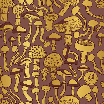 Gold Mushrooms Vector Seamless Pattern