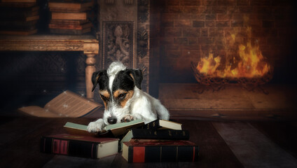 Ein Terrier liegt in einem gemütlichen Wohnzimmer vor dem Kamin und liest in einem Buch. - 385011574