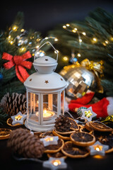 New year's still life. Christmas decorations on the table. Christmas toy.