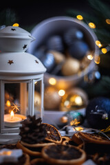 New year's still life. Christmas decorations on the table. Christmas toy.