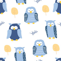 Seamless pattern with colorful sleeping owls on white background. Vector