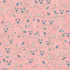 Fototapeta premium Vector pink leafs and berries seamless background ornament texture.