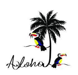 Abstract Hand Drawing Toucan Birds and Palm Tree with Hand Writing Aloha Text Vector Design Isolated Background 