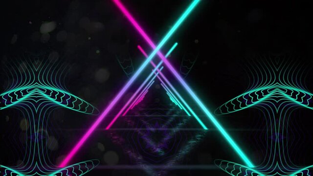 Crossed neon beams against kaleidoscopic shapes moving on black background