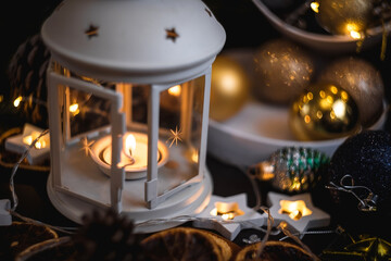 New year's still life. Christmas decorations on the table. Christmas toy.