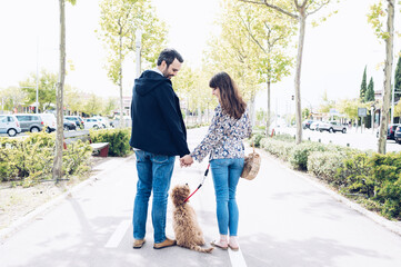 Young lovely couple looking to their dog while walking on the street