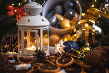 New year's still life. Christmas decorations on the table. Christmas toy.