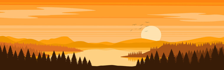 The sunset of coniferous forest panoramic view and river in flat design - vector and illustration