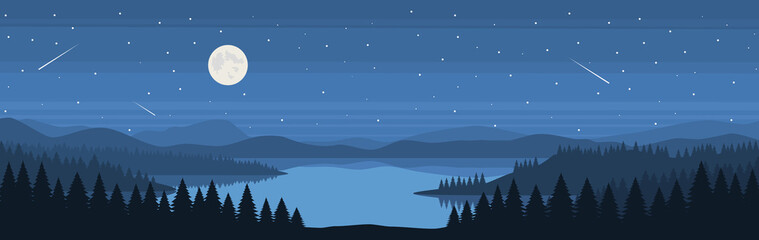 Vector and illustration of coniferous forest panoramic view and river on night time with full moon, star and meteor in flat cartoon design.